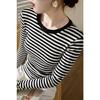 Women Black White Striped Cotton Fitted Long Sleeve Crew Neck Casual Base T Shirt Top