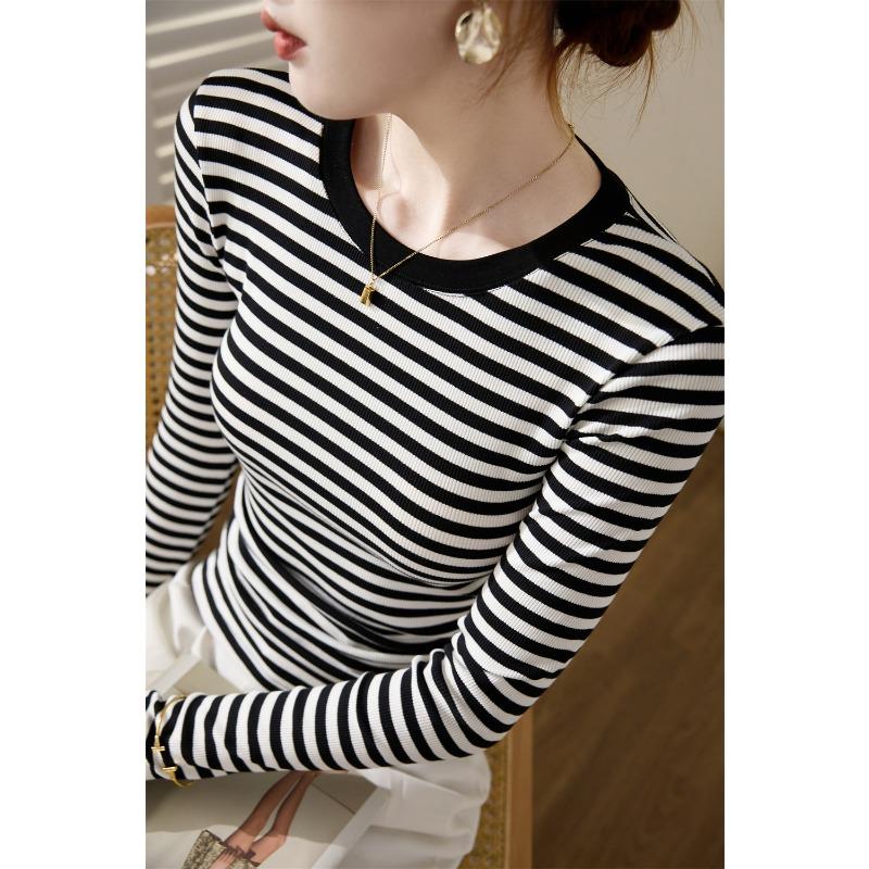 Women Black White Striped Cotton Fitted Long Sleeve Crew Neck Casual Base T Shirt Top