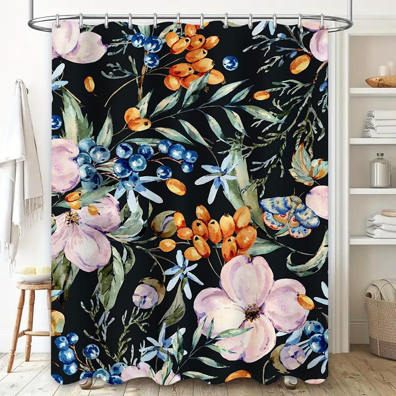 Watercolor Floral Print Shower Curtain, Luxury Home Decor Bath Mat Liner, 3D High Definition Printing Waterproof, Flower Decorat