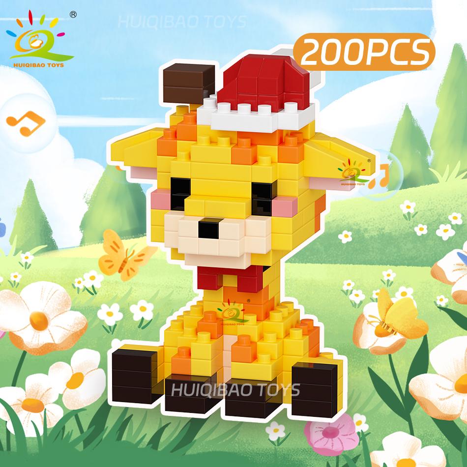 HUIQIBAO MINI Weihnachten Giraffe Capybara Kunst Hut Hund Mikro Baustein Set Stadt Cartoon Tier Diamant Steine Spielzeug Erwachsener