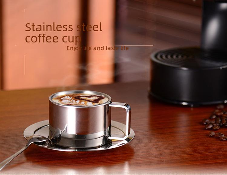 Ensemble de tasses à café double couche en acier inoxydable 304 avec soucoupe et cuillère (Anti-brûlure, isolé)