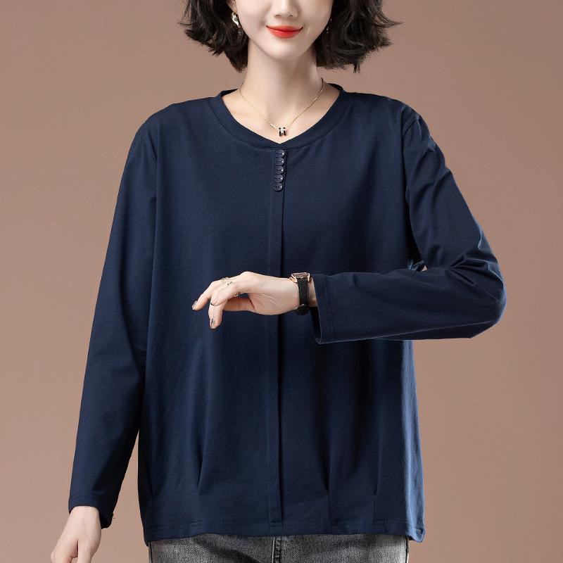 

Женская хлопковая футболка с длинным рукавом большого размера - Свободная, Повседневная, Скрывающая живот, Универсальная, Облегающая базовая футболка для весны и осени XL темно-синий