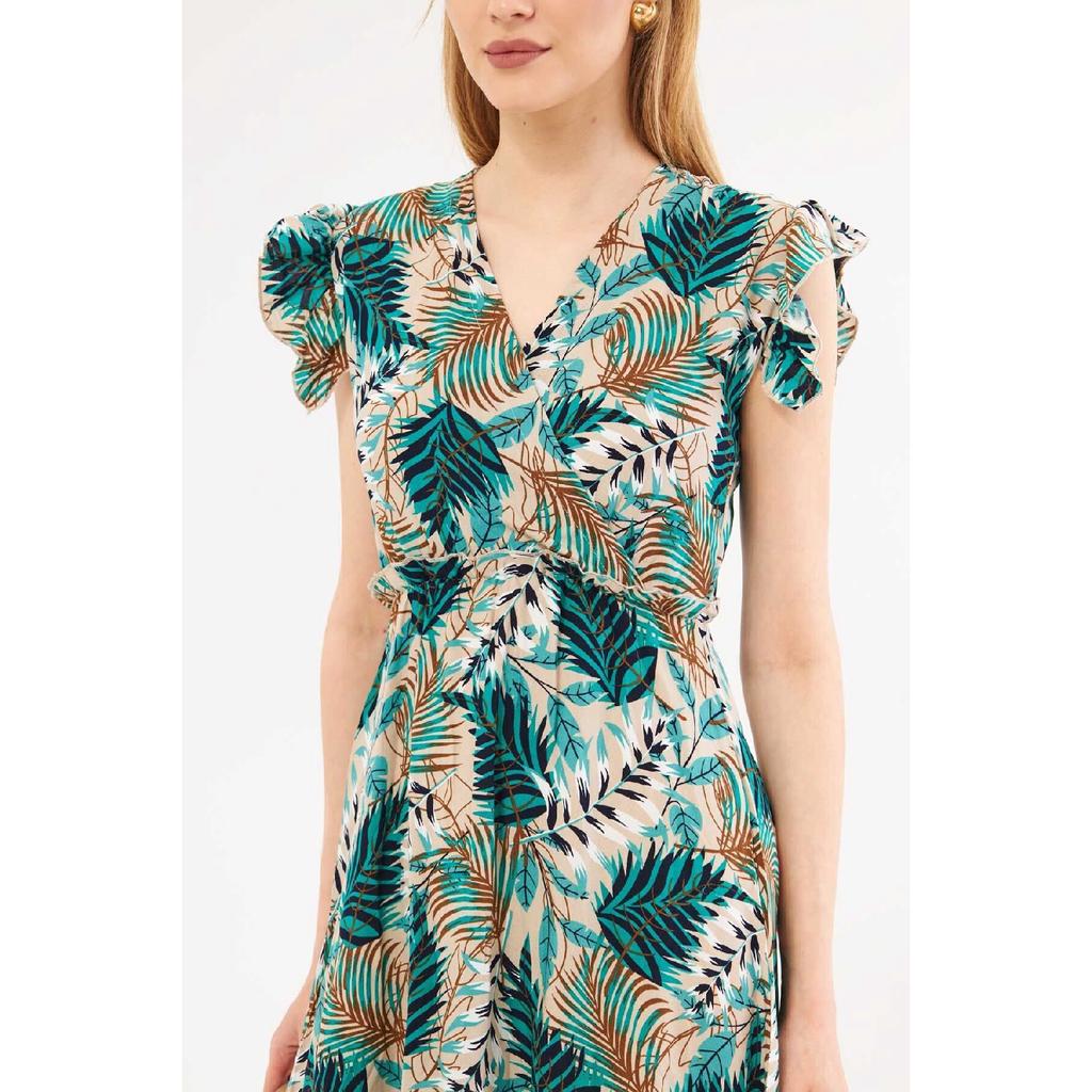 Vestido midi beige para mujer, cuello cruzado, volantes en los hombros, cintura elástica, largo midi, mangas 24y001020