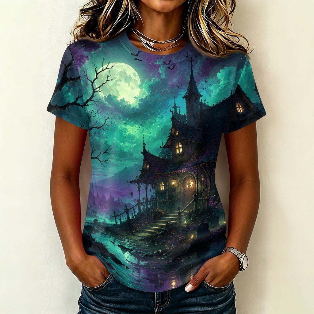 Women's Casual Pullover Short Sleeve T-Shirt Halloween Print Top Crew Neck Relaxed Fit Lightweight Tee for Everyday Wear