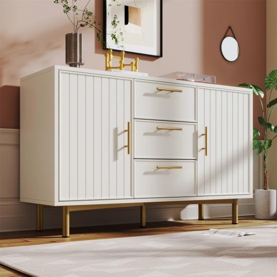 Makeup Desk Dressing Table with 2 Drawers Golden Handle Decorative Ribs Metal Frame Modern White Easy Assembly Bedroom Side Narrow Console Vanity