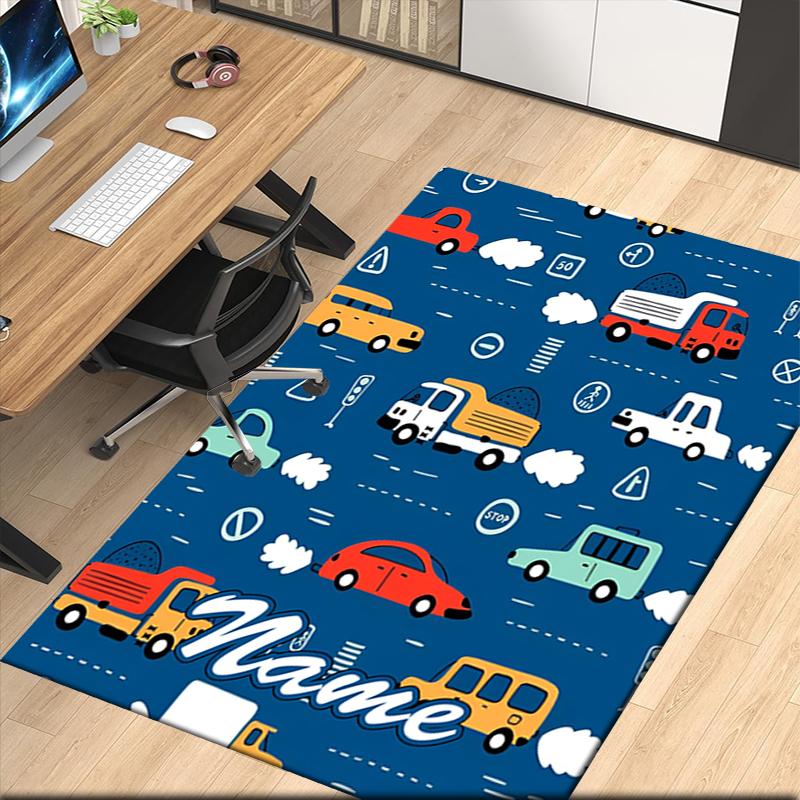 Custom Name Cute Cars Printed Carpet, for Office Chair Living Room Bedroom Kitchen Room Decor Gifts.