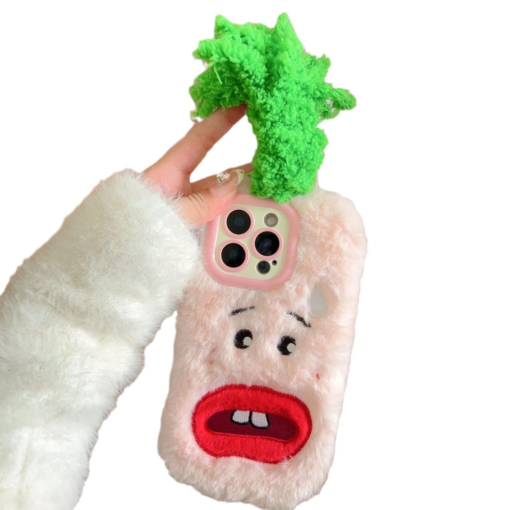 Green Hair Plush Warm Phone Case Is Suitable for Apple 16promax Lens Holder 13/12PRO Anti-drop 11.