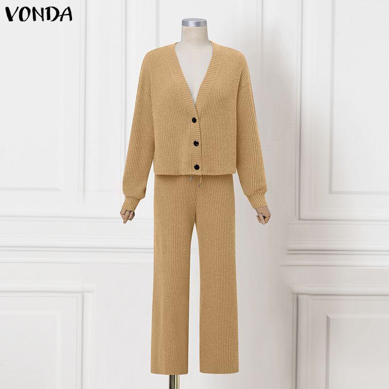 VONDA Two Piece Suit Autumn Spring Women Rib Long Sleeve Blouse and Pants Casual Sets