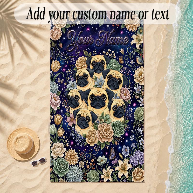 Pug Theme Soft Beach Towel Personalized Custom Name Text Towel Portable for Beach Pool Travel