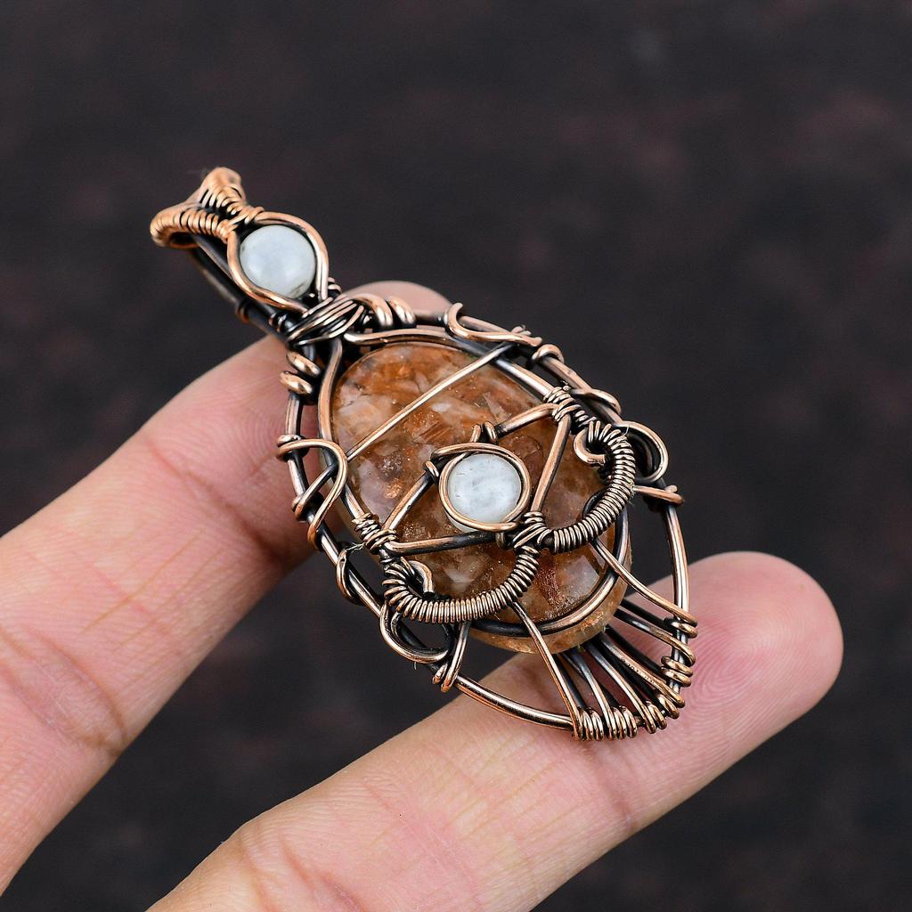 Böser Blick Sonnenstein Anhänger Kupferdraht gewickelter Anhänger Regenbogen Mondstein Schmuck Zierlicher Edelsteinanhänger Handgefertigter Kupferschmuck Hochzeitsgeschenk