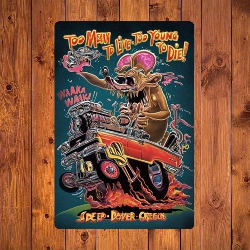 Metal Poster Tin Sign Rat Fink Cartoon 8x12 Inches Vintage Wall Decor for Home Garage Bar Man Cave