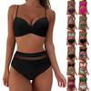 Dámské Jednobarevné plavky Push Up Patchwork Síťovina Bikiny s vysokým pasem Sexy Ruched Přiléhavé Bikiny Set Dámské plavky