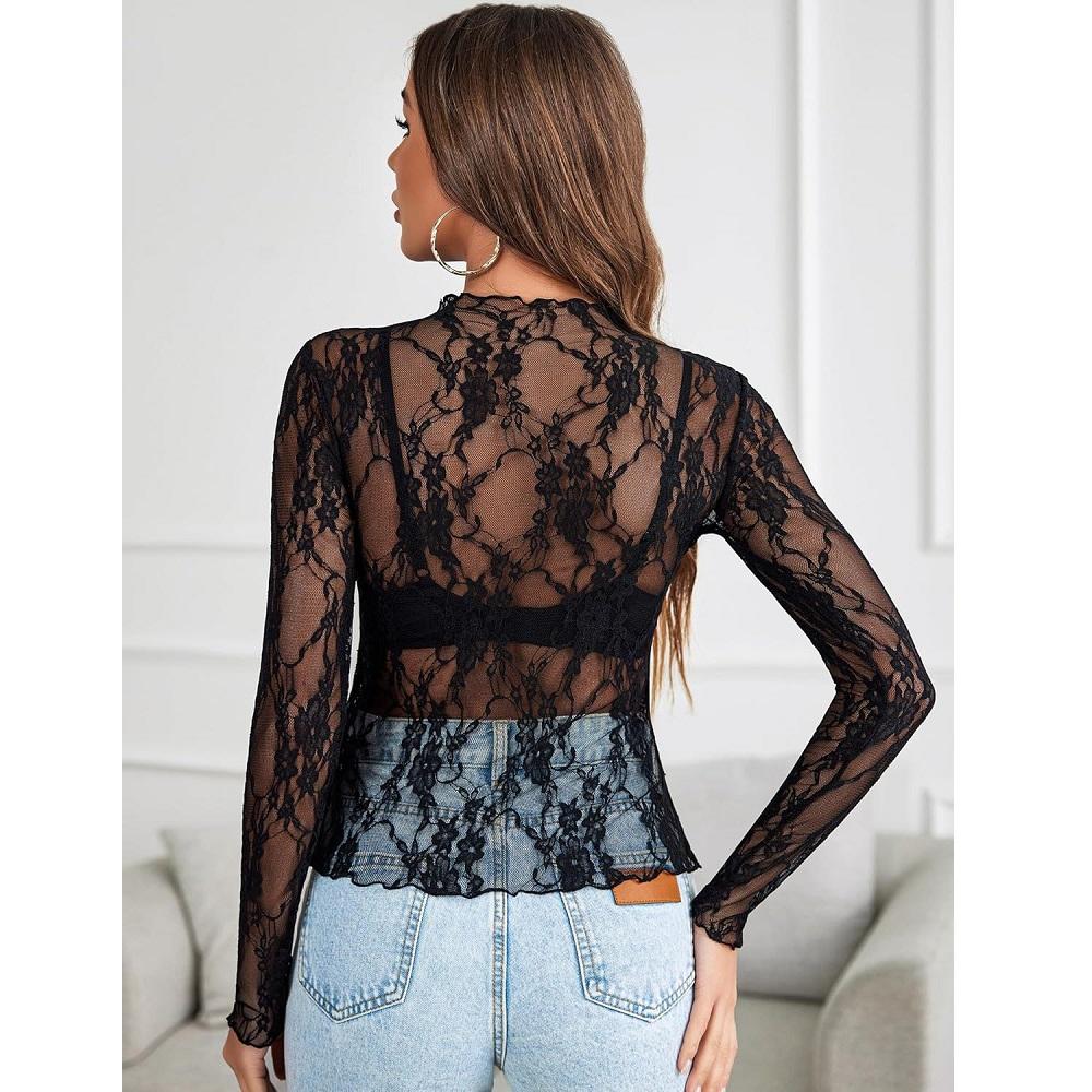 Dámské síťované průhledné krajkové topy s výstřihem do O-kroju a dlouhým rukávem, dámské slim fit květinové výšivkové topy, dámská trička