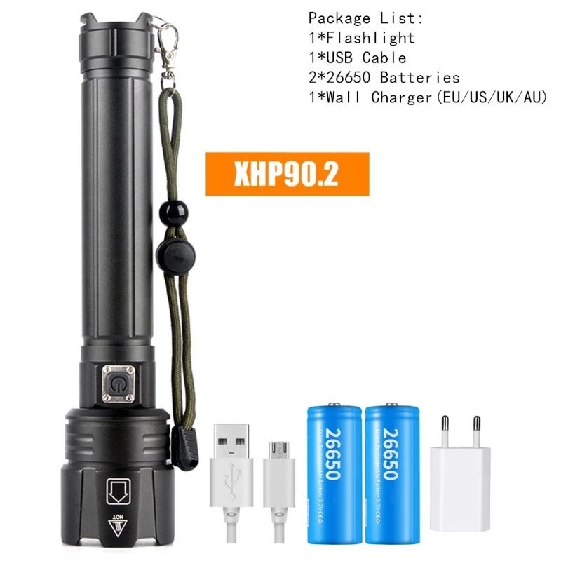 High Power XHP70 LED Flashlight Rechargeable Zoom Torch Tactical Lantern USB Charging Hand  Lamp  18650 or 26650 Battery