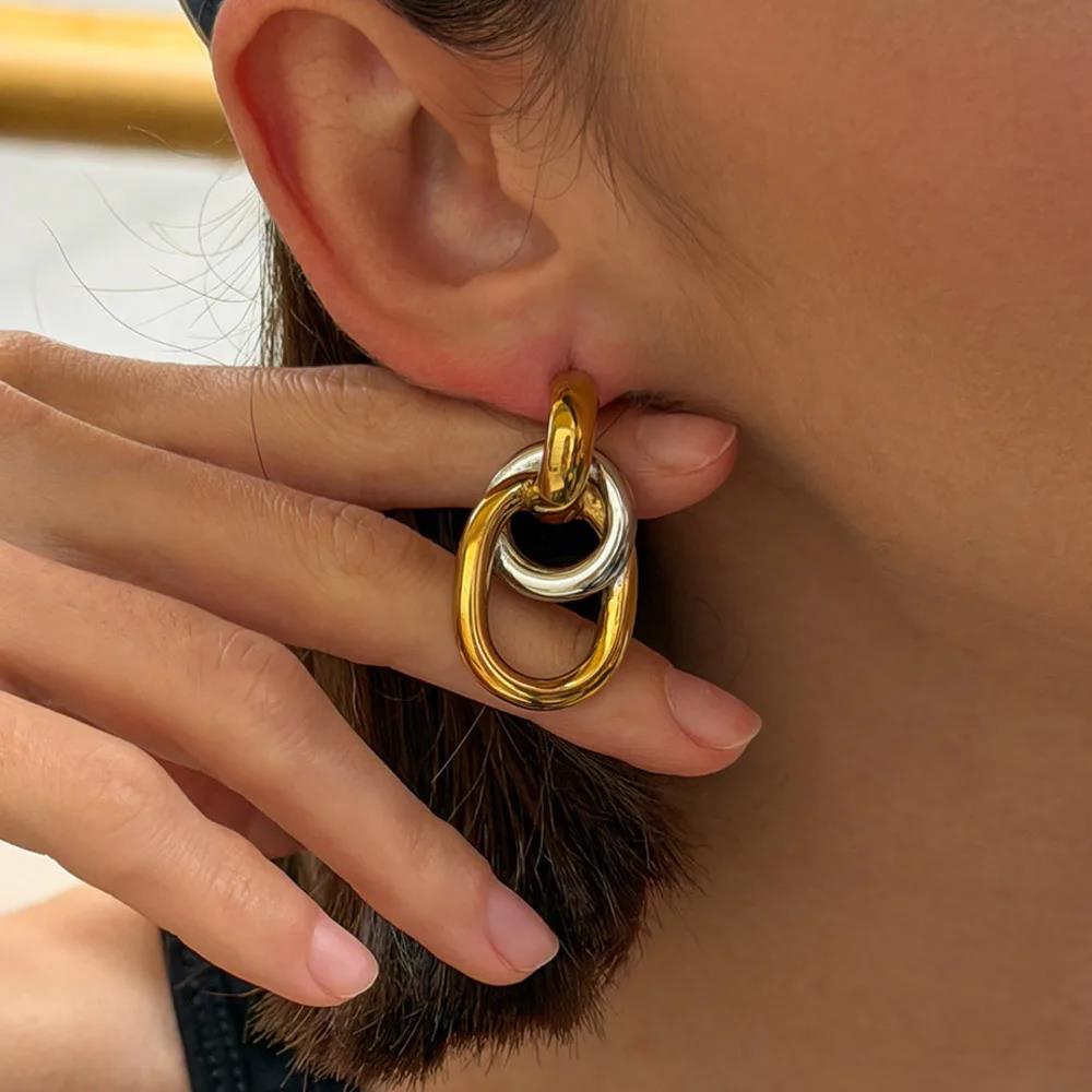 New Vintage Stainless Steel Double Circle Stud Earrings for Women Simple Irregular Elliptical Earrings Waterproof Jewelry