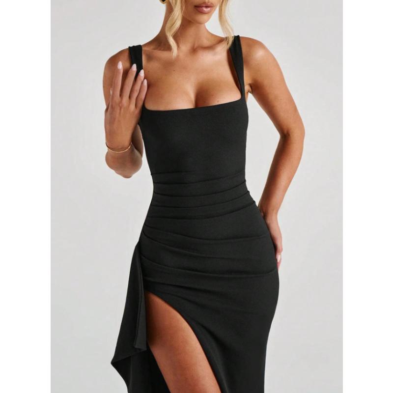 Wide Strap Square Neck Maxi Dress Ruched High Slit Elegant Bodycon Long Gown Multicolor Draped Side Split Sleeveless Evening Party Formal Prom Dress