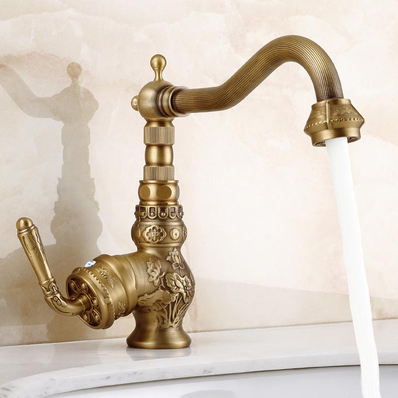 Basin Faucets Solid Brass Vintage Antique Bathroom Faucet Single Handle 360 Degree Swivel Spout Hot Cold Water Basin Mixer Tap