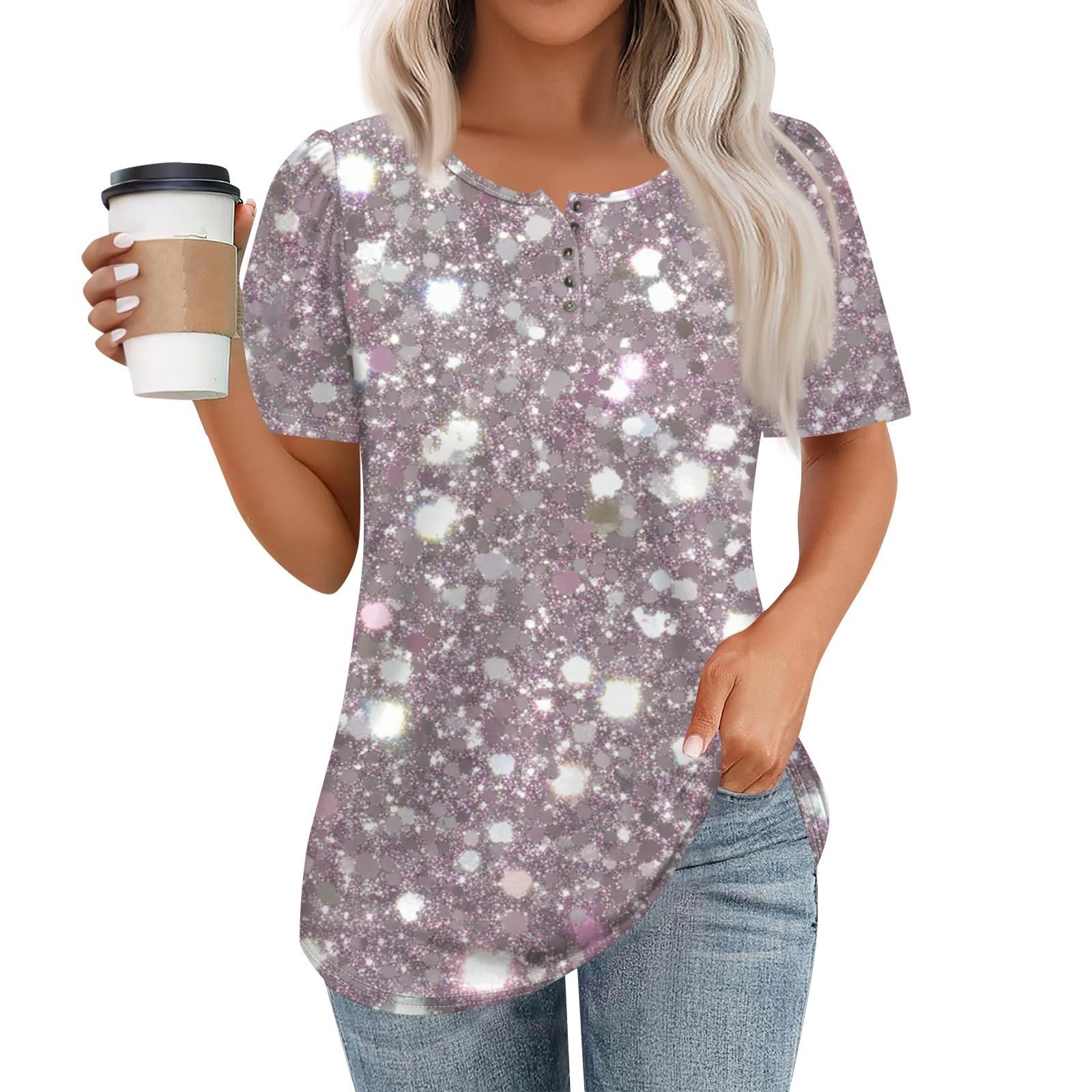 

Женский модный повседневный короткий рукав пуловер с принтом на пуговицах и круглым вырезом XXXL серебряный