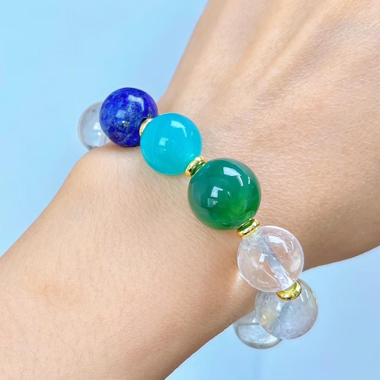 Retro Large 12Mm Natural White Crystal Tianhe Stone Lapis Lazuli Green Chalcedony Design Bracelet Bracelet.