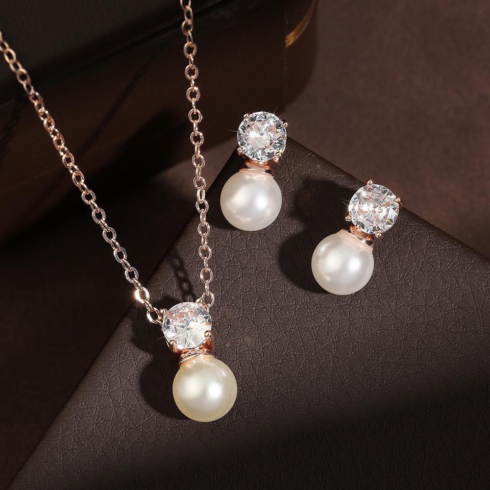 ZAKOL Elegant Round Cubic Zirconia Imitation Pearl Necklace Earrings For Women Bridal Wedding Party Jewelry Gift