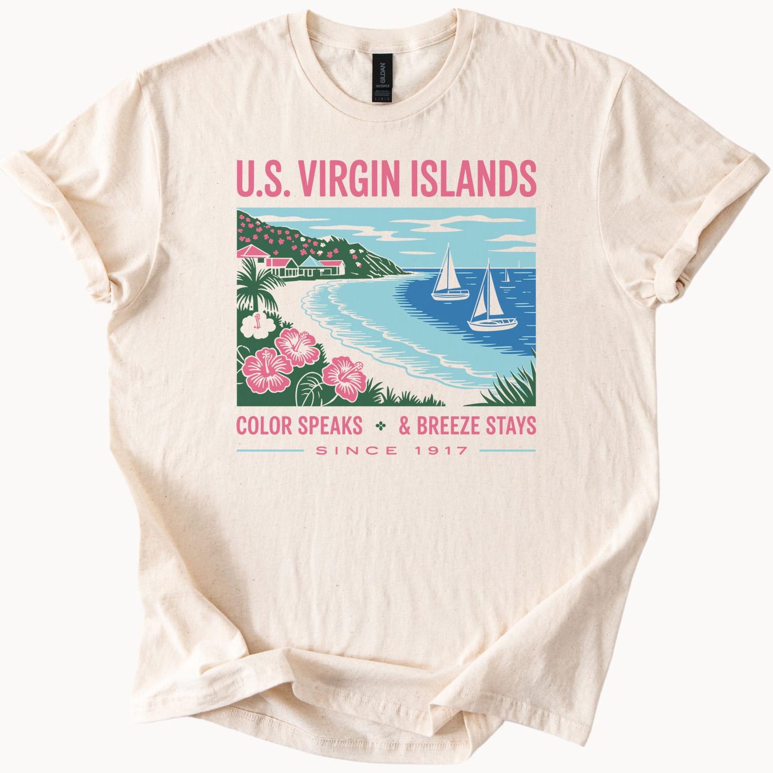 US Virgin Islands Graphic T Shirt Colorful Beach Sailboats Tropical Hibiscus Flowers Coastal Ocean Island Souvenir Since 1917 Shirt 100