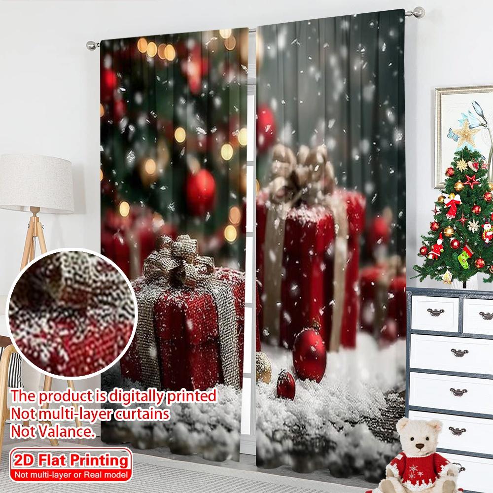2 Stück 2D Flachdruck Weihnachtsszene Vorhang Weihnachten Schneeflocke Baum Geschenk Vielseitiger Polyesterstoff Ohne Strom