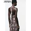 Zaprha 2025 Autumn New Pleat Print Hollow Silk Mesh Double Placket Hanging Collar Length Dress 5039145