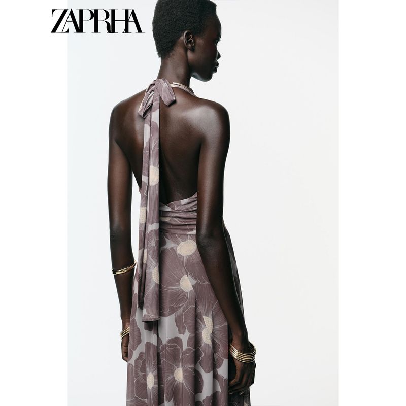 Zaprha 2025 Autumn New Pleat Print Hollow Silk Mesh Double Placket Hanging Collar Length Dress 5039145