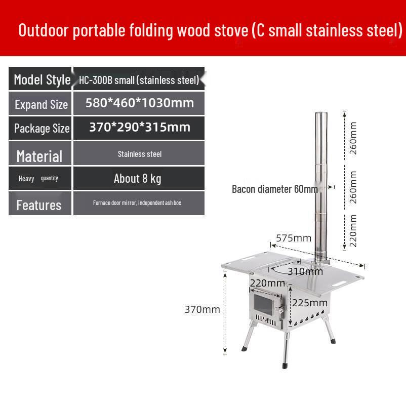 Portable Outdoor Cassette Stove: Camping Heater, Firewood Stove, Barbecue Grill, Chimney Oven, Stainless Steel.
