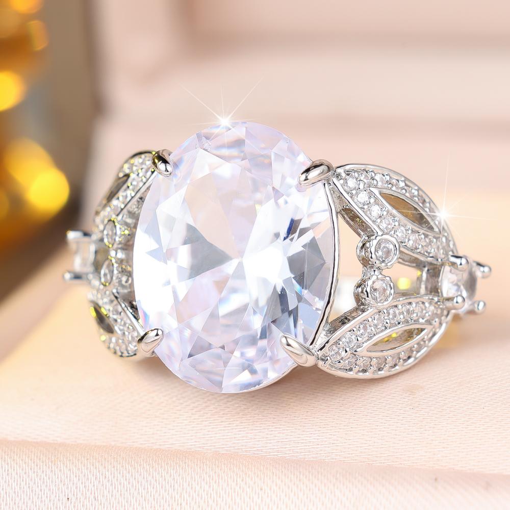 Luxury Silver Color Ring for Women Oval Cut Zircon Wedding Banquet Fashion Jewelry Gift