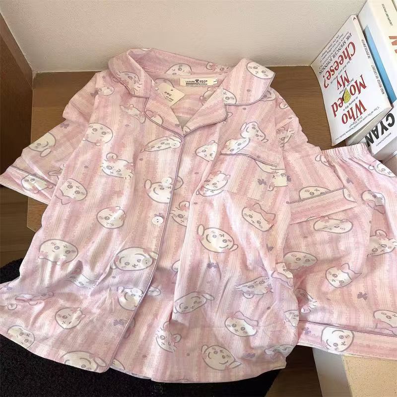 

Pink Jiyikawa pajamas women s summer short-sleeved shorts cardigan set girl casual soft cute loungewear S