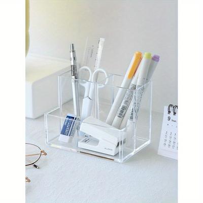 Clear Acrylic 3-Grid Pen Holder, Simple And Stylish Multifunctional Storage Box For Office And Student's Desk Back To School
