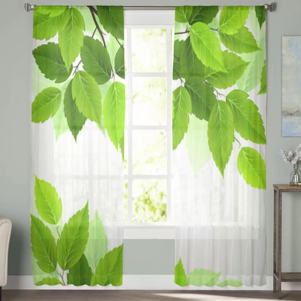 Fresh Green Leaves Tulle Sheer Window Curtains For Living Room Bedroom Modern Chiffon Voile Curtains Fabric Drapes