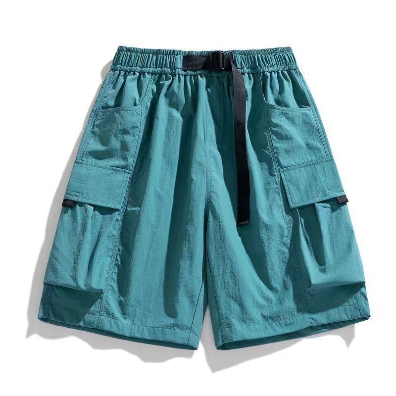 Pantalones Cortos Cargo Beige para Hombre Diseño Multibolsillo Cintura Elástica Correa Morada Pantalones Cortos Casuales de Verano
