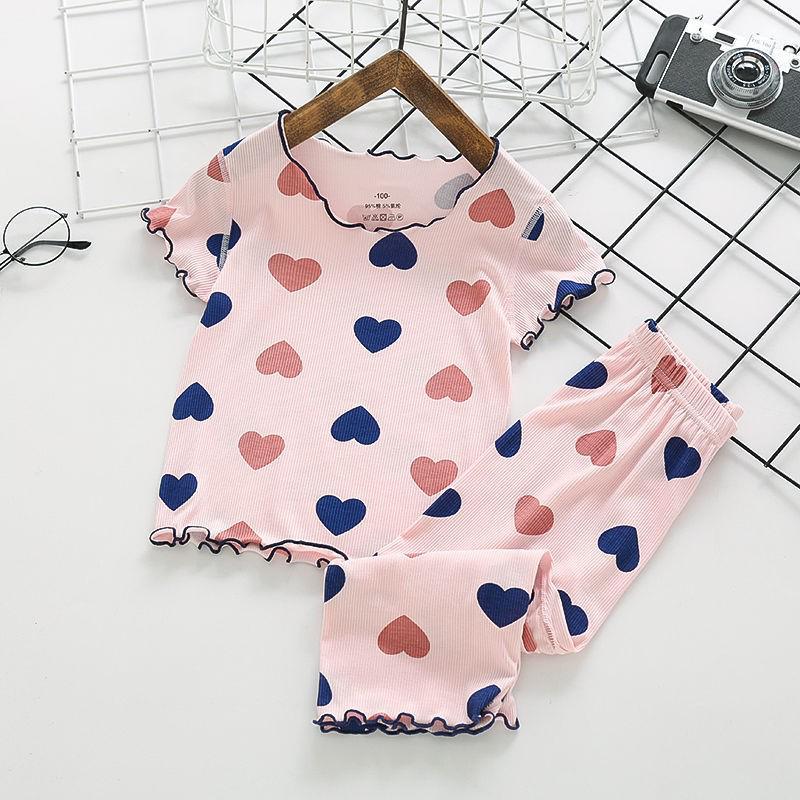 Spiral Ice Silk Bao Pajama Set: Stylish Heart Print Two-Piece Summer Homewear for Girls