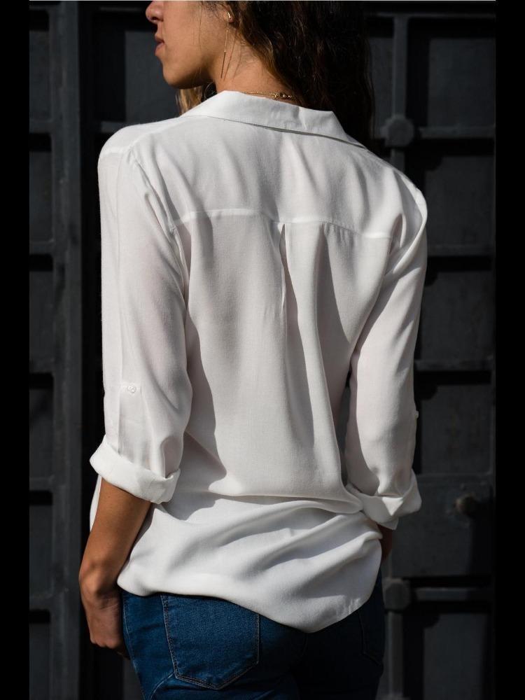Autumn Winter Fashion Womens Chiffon Shirt Long Sleeves Deep V Neck