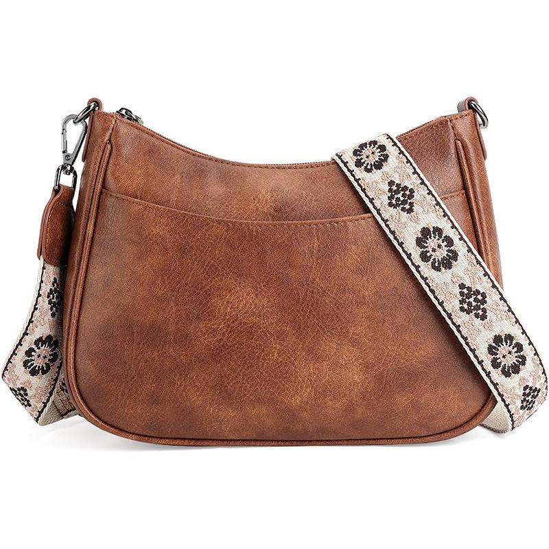 New women's retro PU shoulder bag solid color crescent bag webbing adjustable length messenger bag versatile shoulder bag