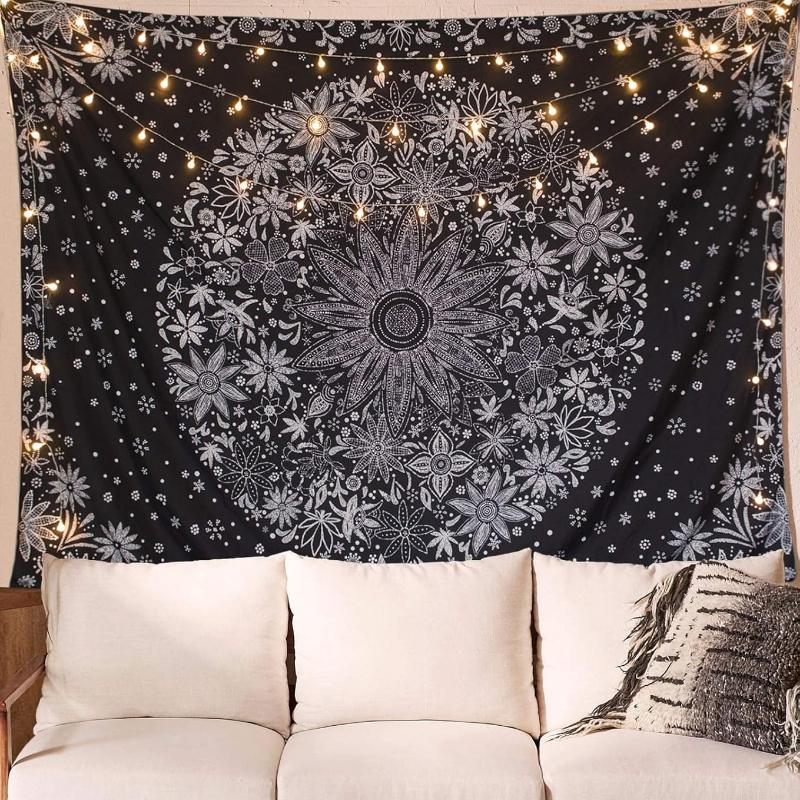 Bohemian Tapestry Wall Hanging Black and White Floral Tapestry with Dotted Daisy Medallion Print Bedroom Boho Hippie Home Decor
