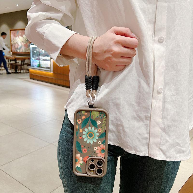 Wrist Chain Lanyard Phone Case for iPhone 11 12 13 14 15 16 Pro MAX XS Max XR 7 8 16 Plus Cute Flower Hand Strap Soft TPU Cover