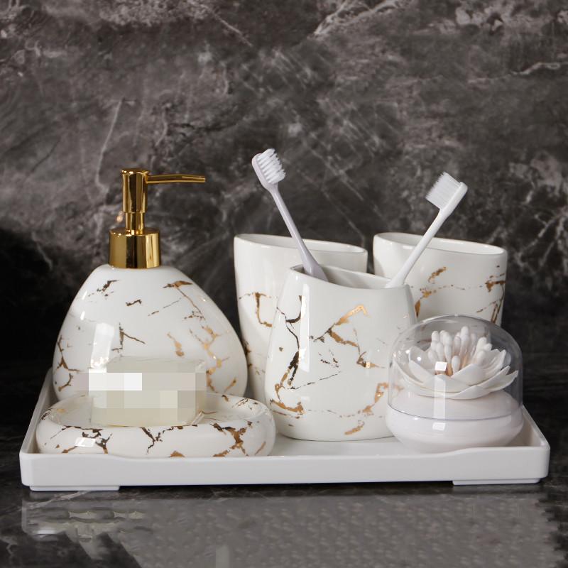 White Marble Texture Bathroom Supplies Toothpaste Dispenser Toothbrush Holder Cotton Swab Box Bathroom Decoration Accessories