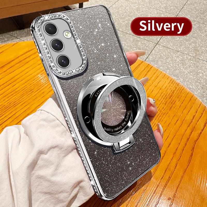 Diamond Glitter Plating For Magsafe Phone Holder Case For Samsung Galaxy A15 A14 A13 A55 A54 A53 A52 4G 5G Stand Silicone Cover
