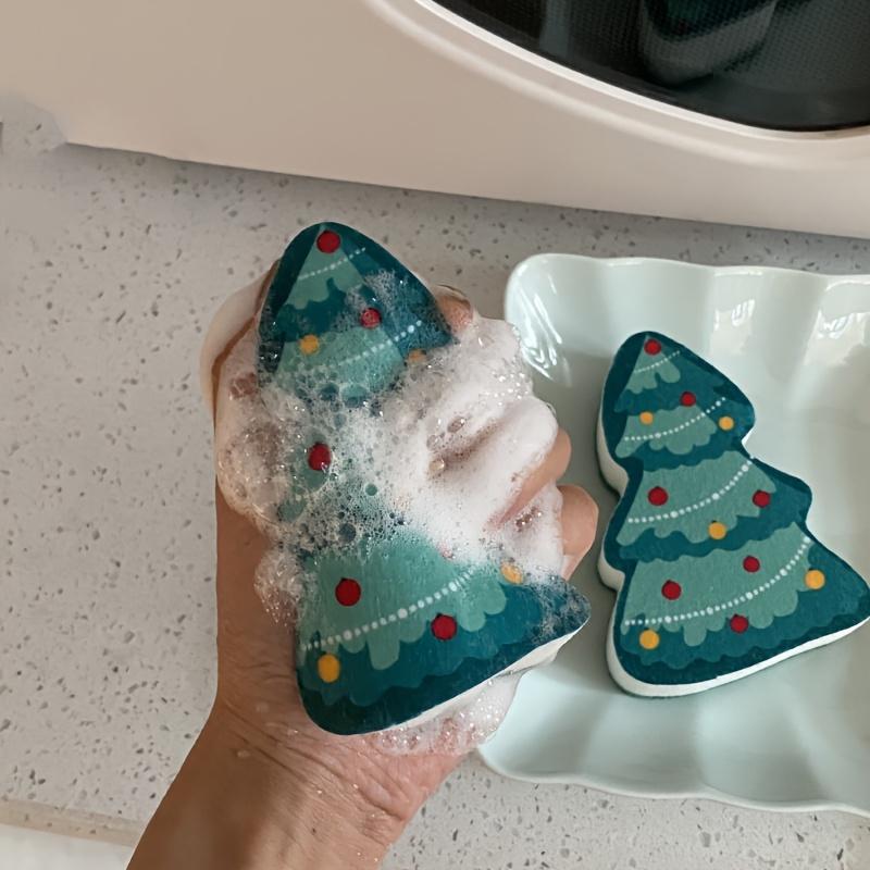 4pcs Festive Christmas Tree Sponge Scrubbers 3D Holiday Dish Cleaning Pads, Double Sided Kitchen Sponges with Snowflake Christmas Tree Designs,