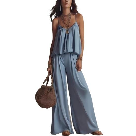Summer 2 Piece Sets for Women, Spaghetti Strap Tank Top And Wide Leg Pants Lounge Set, Beach Vacation Travel Outfits