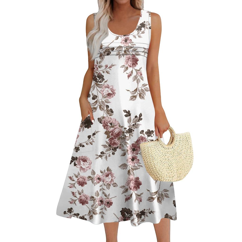 Women's Fashion Round Neck Sleeveless Pleated Beach Dress With Pockets Long Floral Dresses