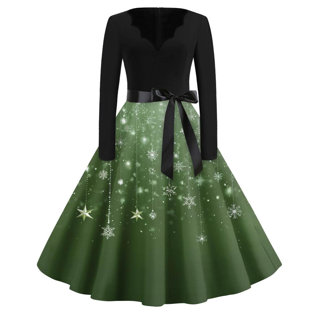 Vestido Feminino Moda Decote V Ajuste Relaxado Estampa de Natal Manga Longa