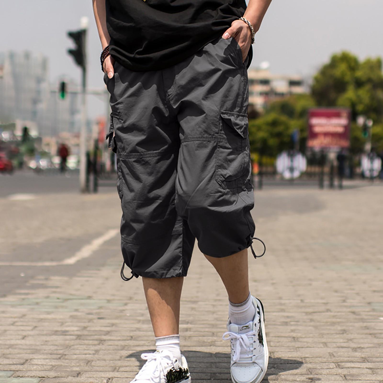Mens Loose Fit Cargo Shorts Below Knee Length Multi Pocket Drawstring Hem Lightweight Casual Pants XXL