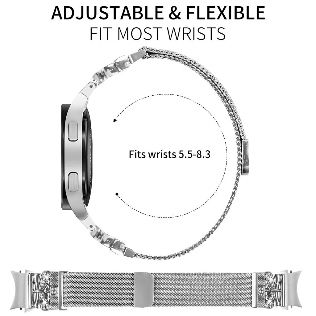 Silbernes Metallarmband mit Schnellverschluss für Samsung Galaxy Watch7 44mm/40mm Mailänder Uhrenarmband Schmetterlingsdekor