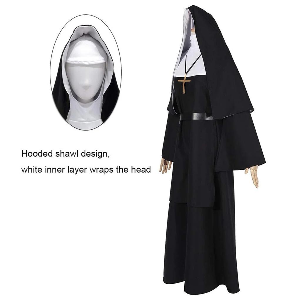Kostým halloweenská jeptiška Cosplay 4dílná sada Kostým jeptiška + mys + pásek + náhrdelník cosplay kostým