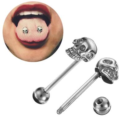 Hip-hop Silver Stainless Steel Skull Bar Barbell Tongue Ring Stud Piercing