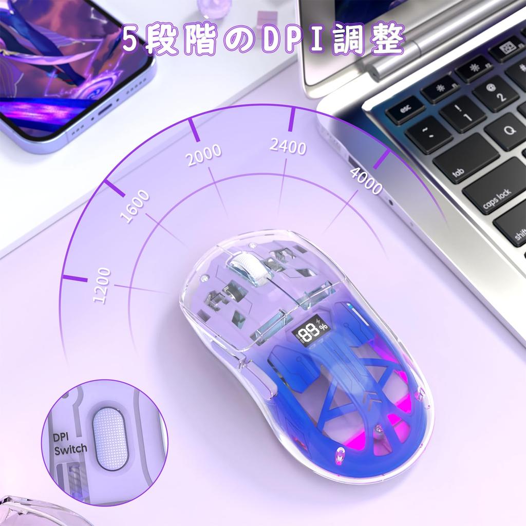 FREEWOLF A2 Transparent RGB Wireless Gaming Mouse with Transparent Digital 400mAh Adjustable Battery Levels Purple 2.4G/BT Case, Lightweight,